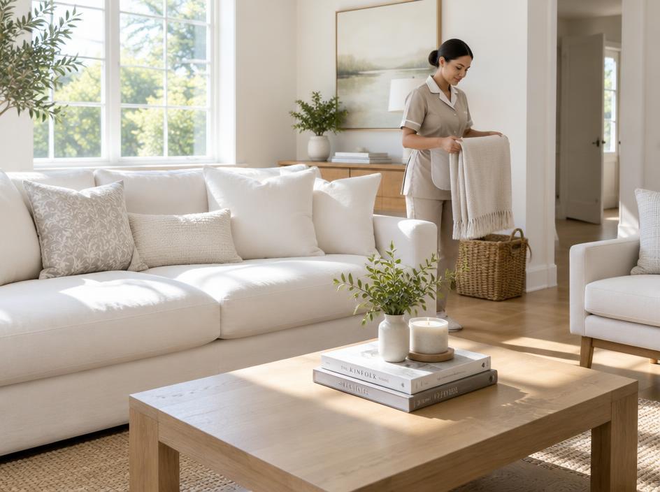 Bright, tidy living room after a professional clean.