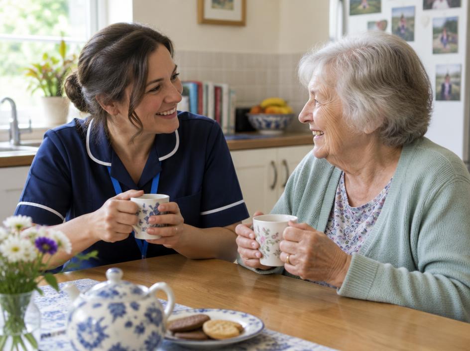 Caregiver and older adult sharing tea in a bright kitchen.
